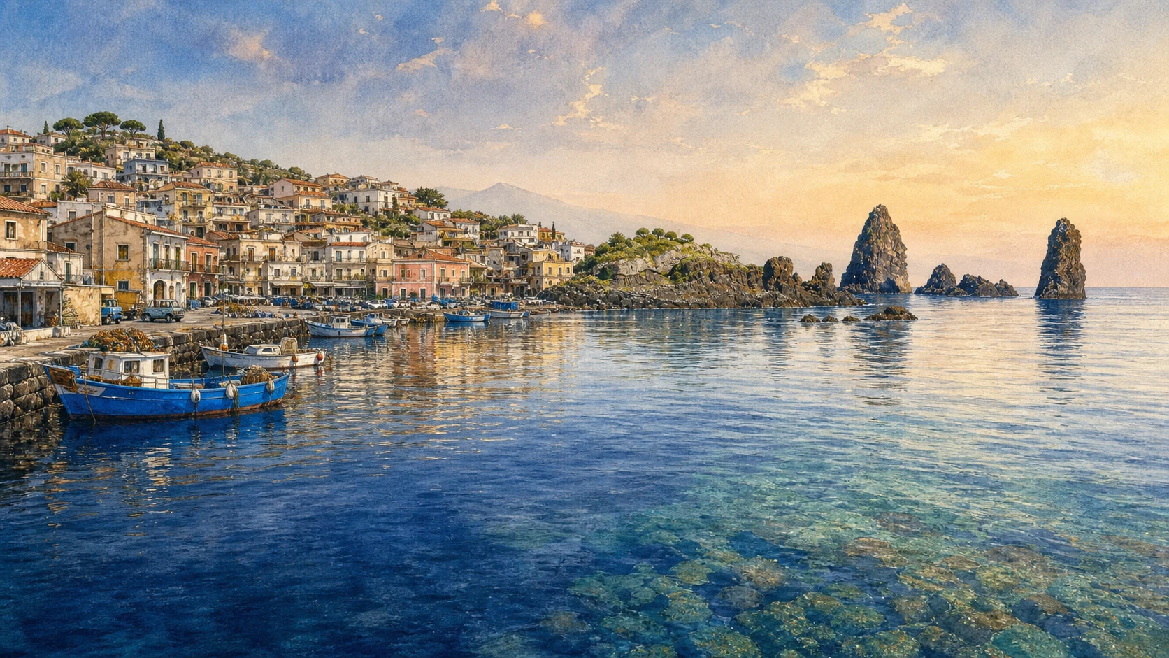 Documentary watercolour of Aci Trezza at spring light with the harbour, Isola Lachea and the dark basalt Faraglioni rising from the Ionian Sea