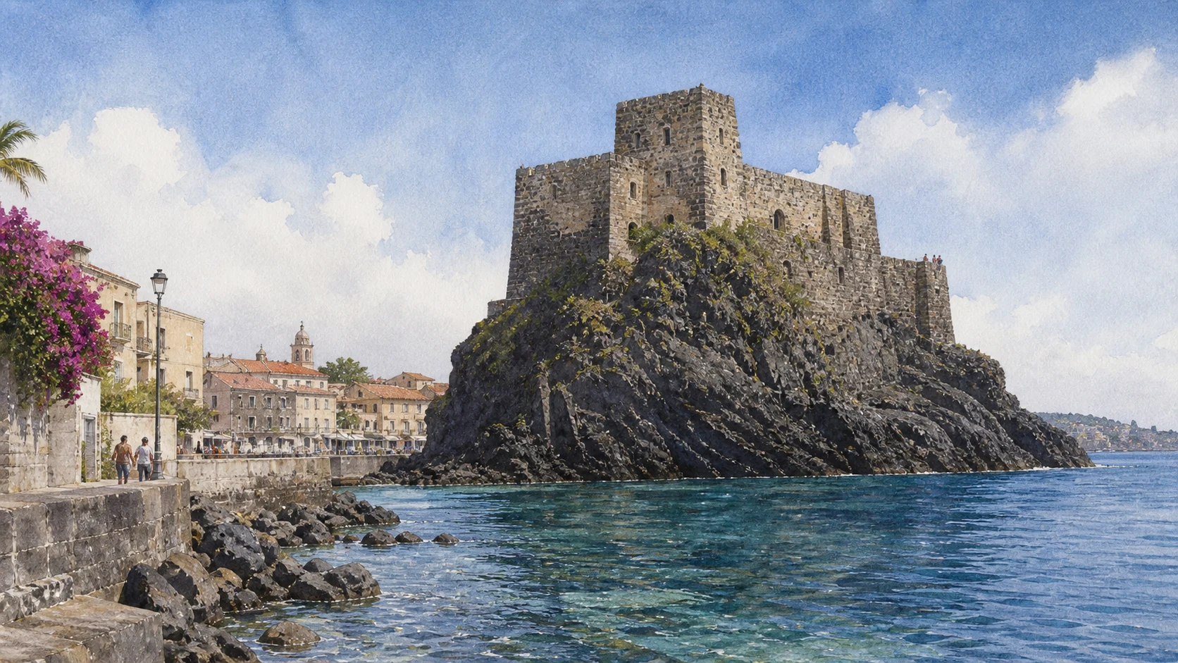 Documentary watercolour of Aci Castello's Norman-Swabian fortress on a black basalt cliff above the clear Ionian Sea