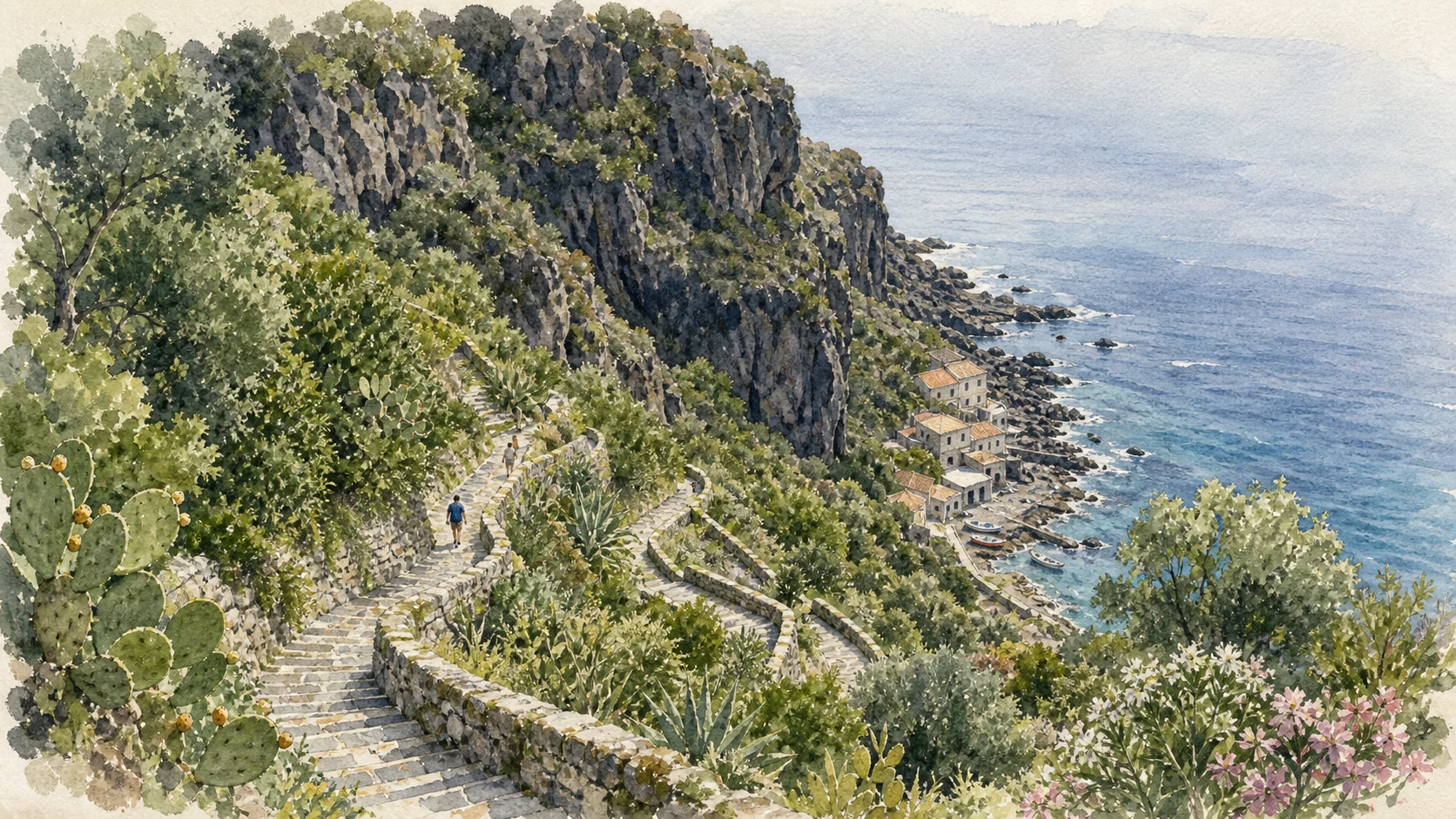 Documentary watercolour of the zigzag Chiazzette stone stair descending the green Timpa cliff toward Santa Maria La Scala and the Ionian Sea