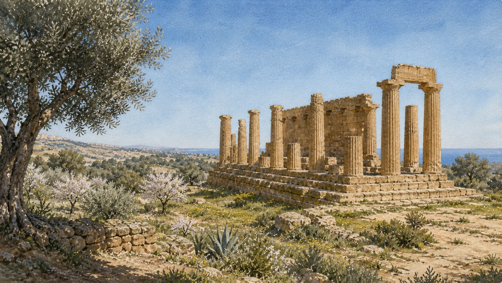 Documentary watercolour of the weathered Temple of Juno at Agrigento on the eastern ridge, with monumental altar, cultivated slopes and distant Mediterranean
