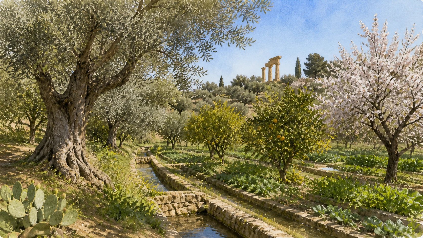 Documentary watercolour of Kolymbethra garden at Agrigento with irrigated citrus, old olive trees, stone channels and temple remains glimpsed through the cultivated valley
