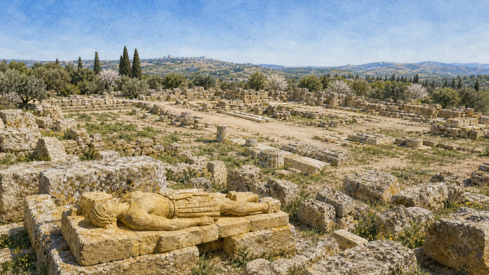 Documentary watercolour of Agrigento's Olympieion archaeological field with enormous fallen calcarenite blocks, column drums and a recumbent telamon reconstruction