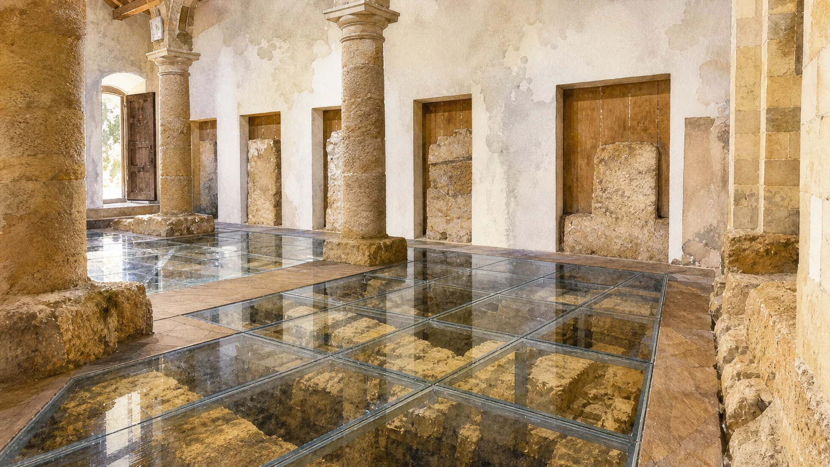 Documentary watercolour inside Santa Maria dei Greci in Agrigento, with glass floor panels revealing ochre Doric foundations beneath the medieval church