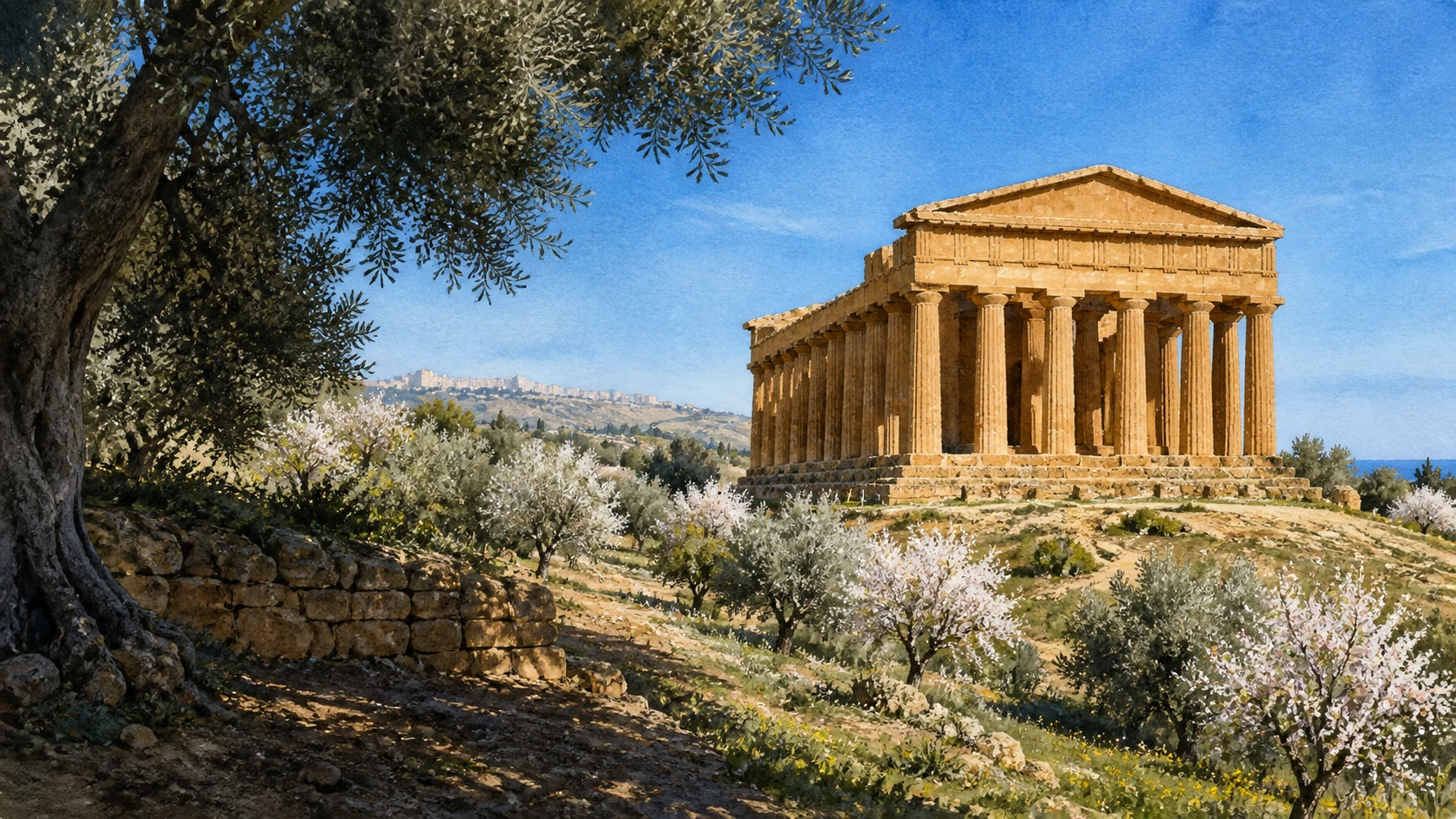 Documentary watercolour of Agrigento's temple ridge among flowering almond trees with the inhabited city visible beyond the ancient landscape