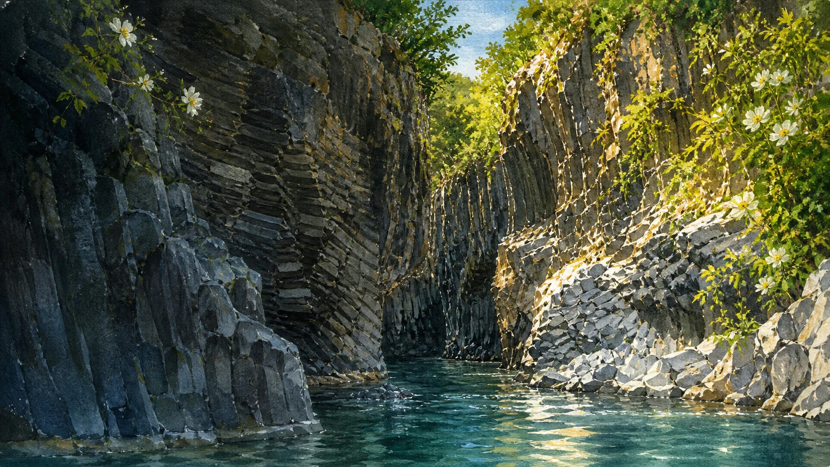 Documentary watercolour of the Alcantara river flowing through dark columnar basalt walls with cool blue-green water, ferns, willows, spring flowers and highland light