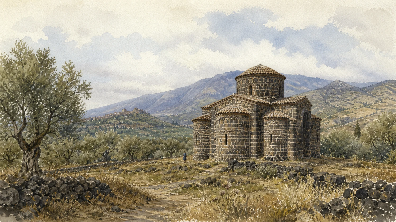 Documentary watercolour of the Cuba of Santa Domenica with its dark stone dome and apses among lava walls and olive trees in the Alcantara Valley