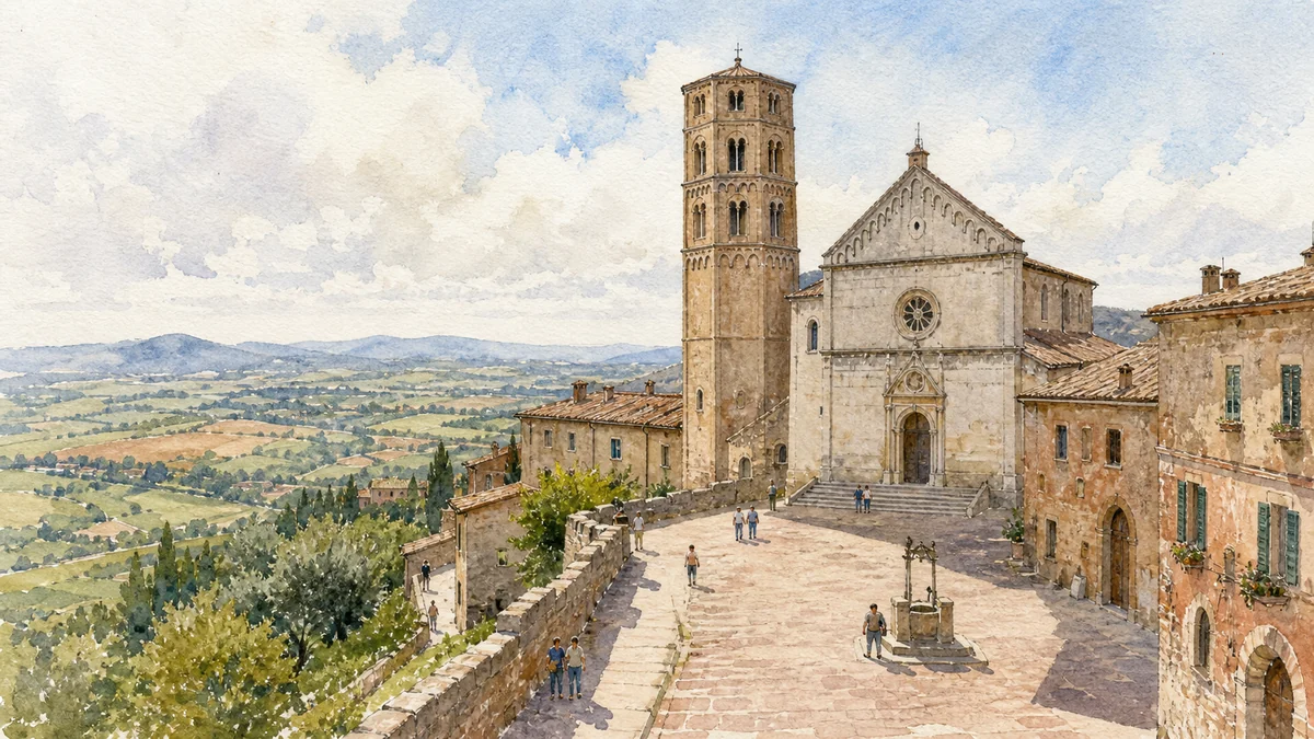 Original documentary watercolour showing Cathedral and dodecagonal bell tower in its Amelia urban or landscape context