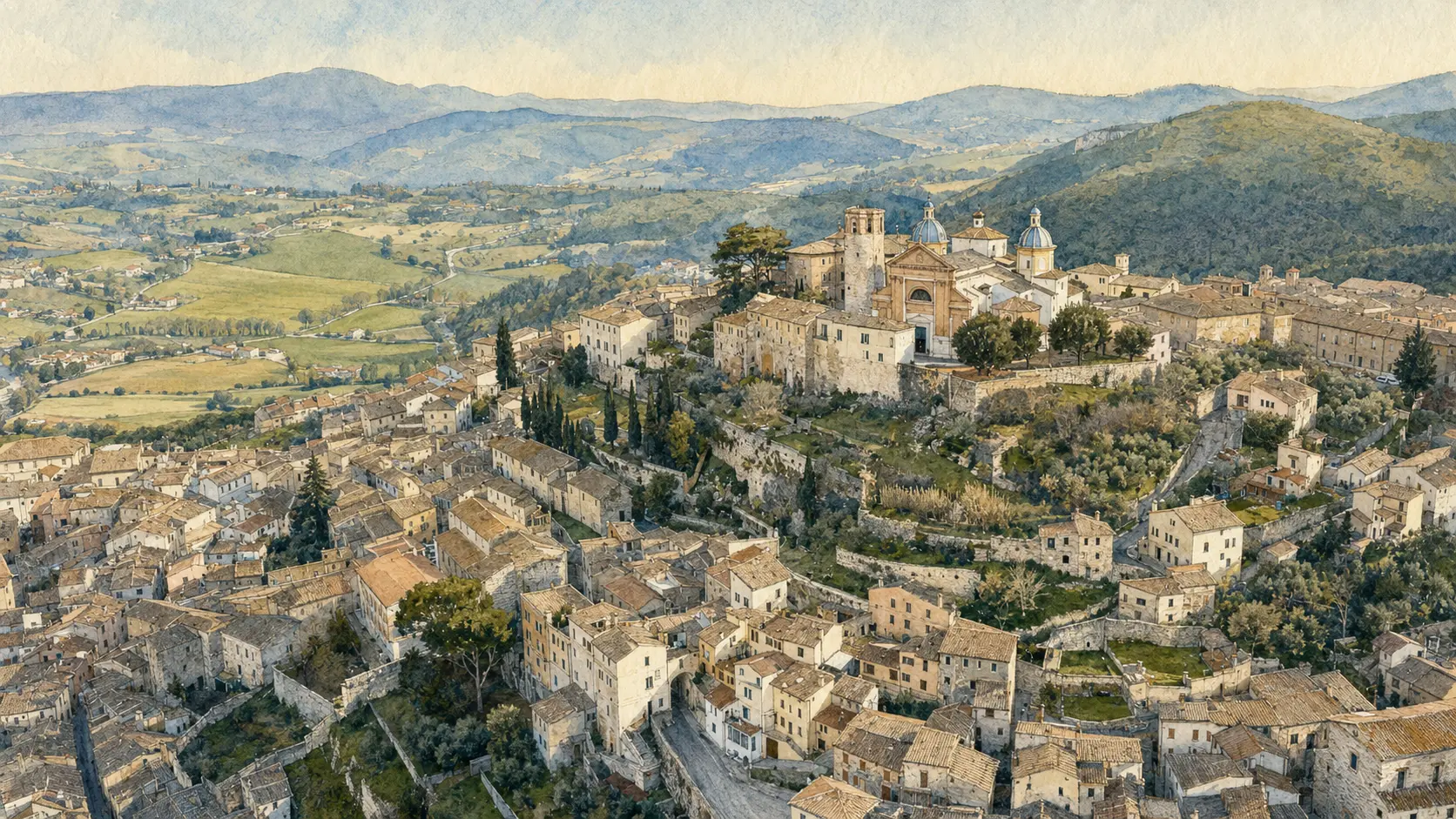 Documentary watercolour panorama of Amelia with polygonal walls, towers and the Umbrian countryside