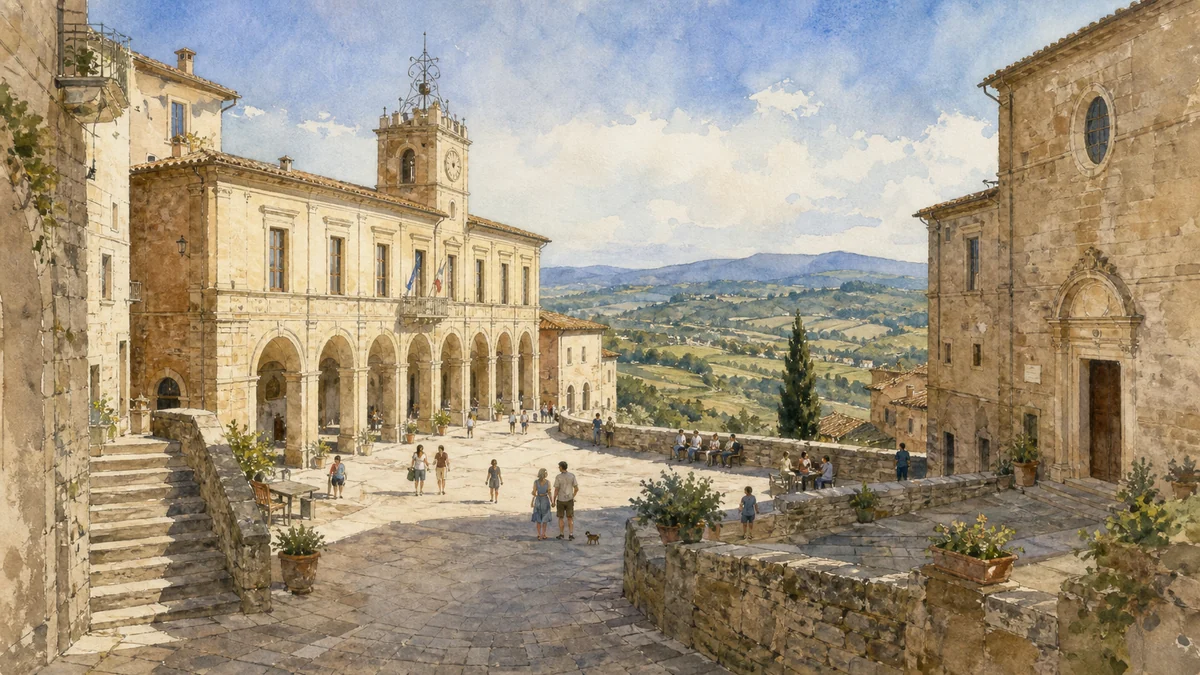 Original documentary watercolour showing Piazza Marconi and civic architecture in its Amelia urban or landscape context