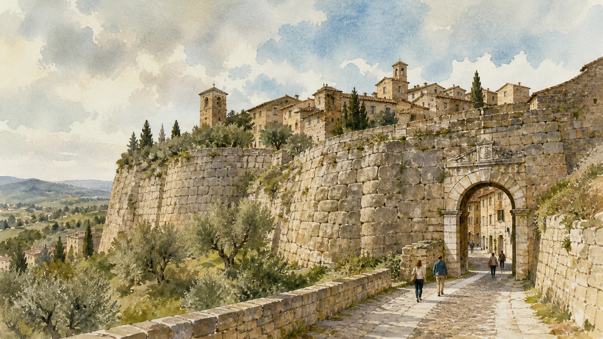 Original documentary watercolour showing Polygonal walls and Porta Romana in its Amelia urban or landscape context