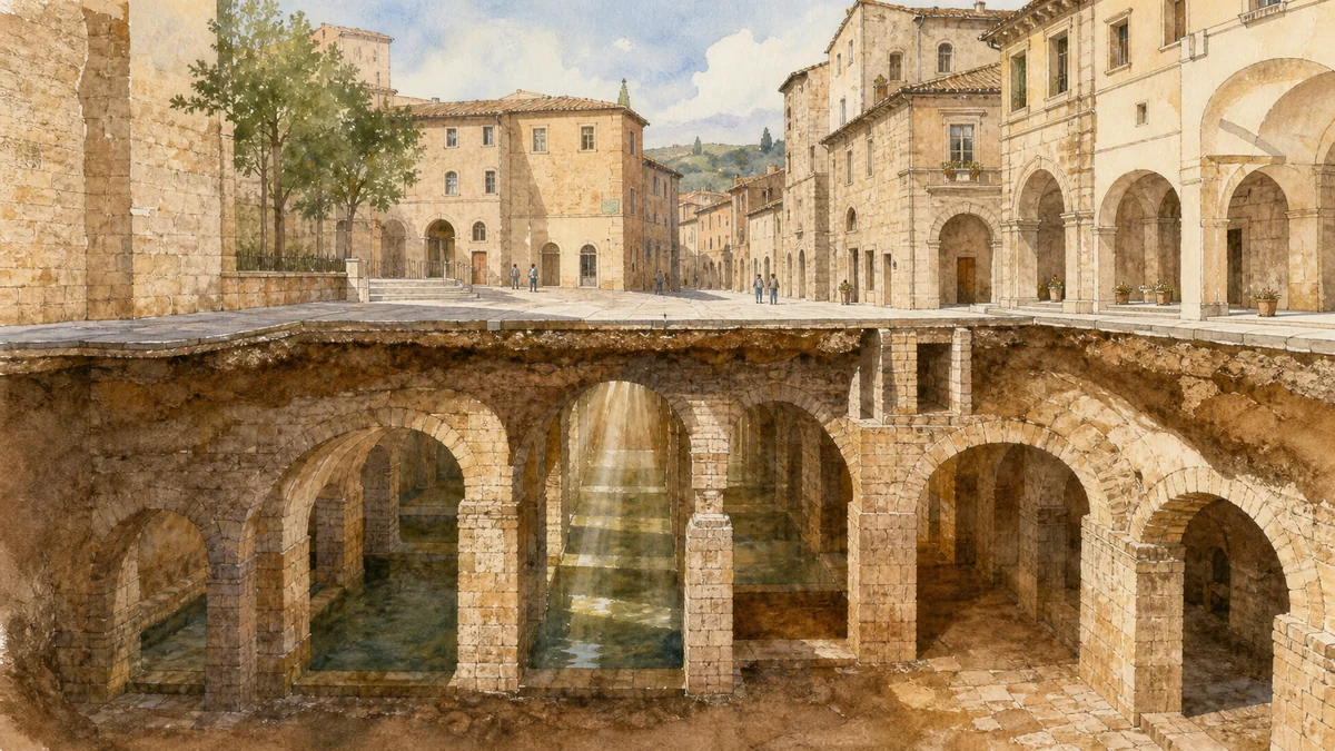 Original documentary watercolour showing Roman Cisterns in its Amelia urban or landscape context