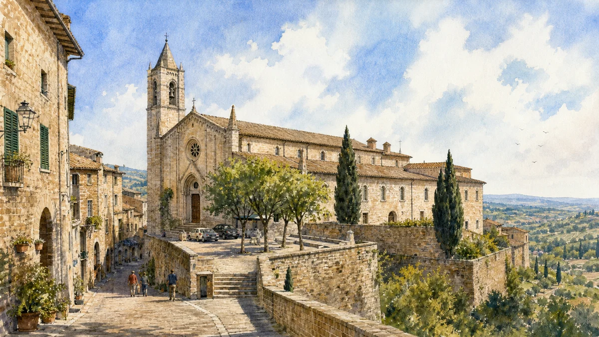 Original documentary watercolour showing San Francesco complex in its Amelia urban or landscape context