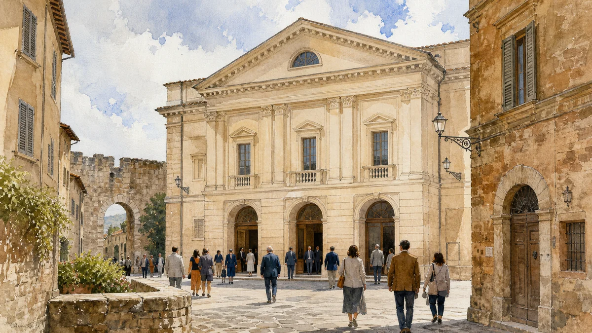 Original documentary watercolour showing Teatro Sociale in its Amelia urban or landscape context