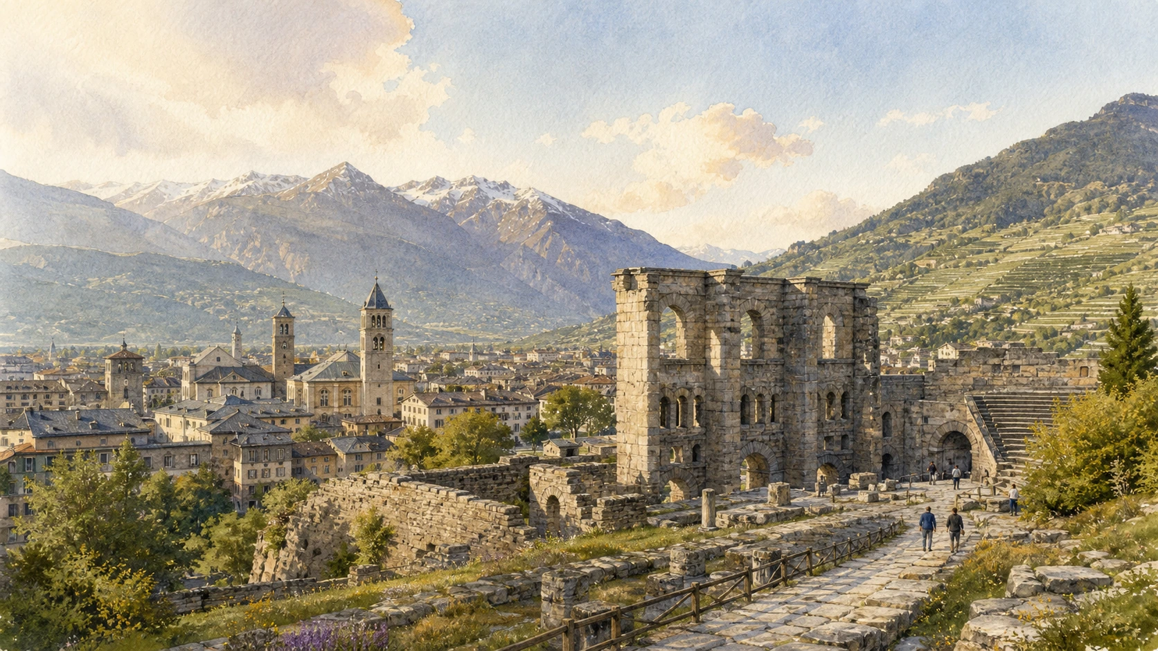 Aosta and its Roman theatre in the Alpine valley