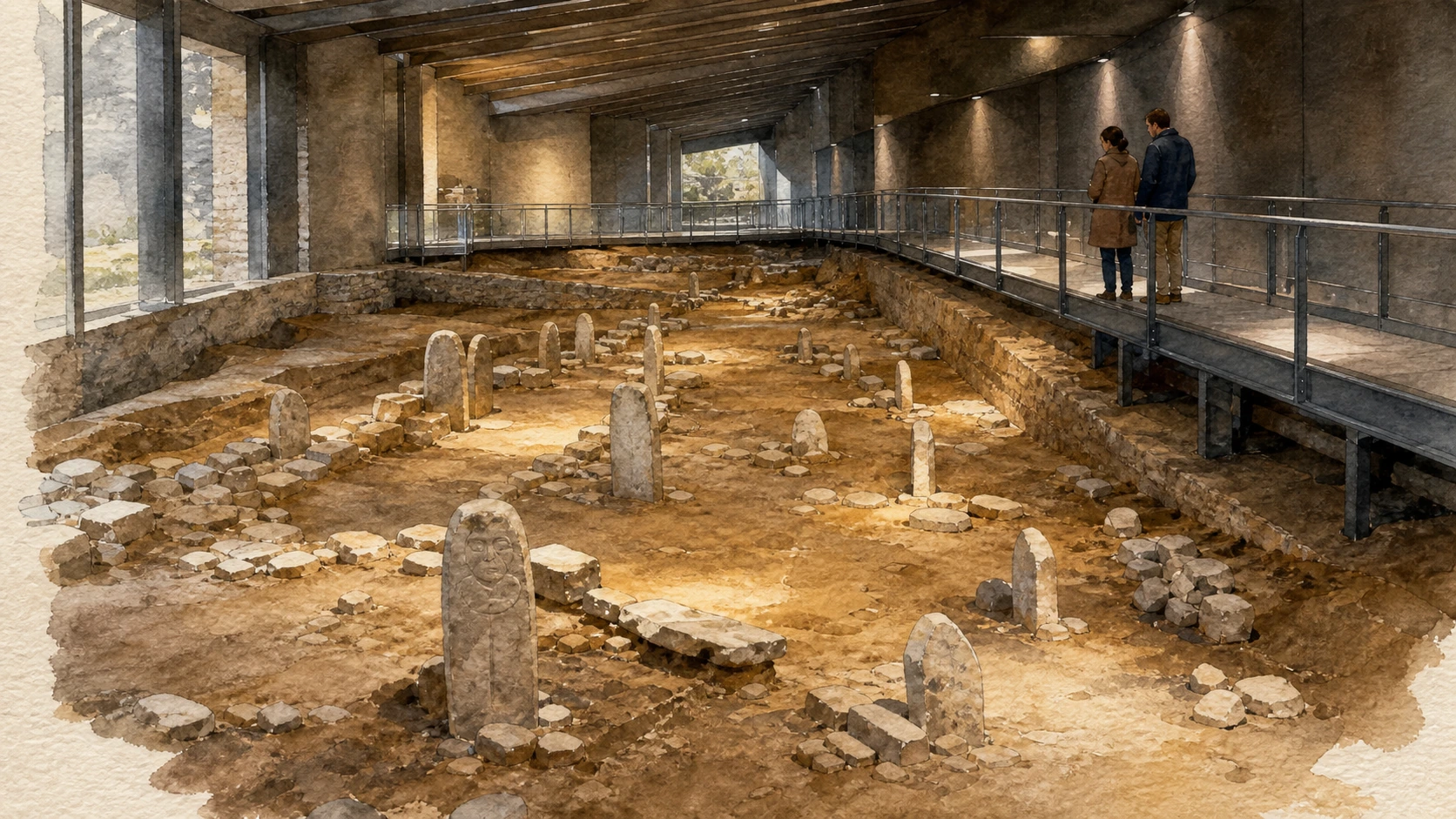 Documentary watercolour of the protected megalithic site at Saint-Martin-de-Corléans with stone stelae, archaeological layers and the Aosta basin beyond