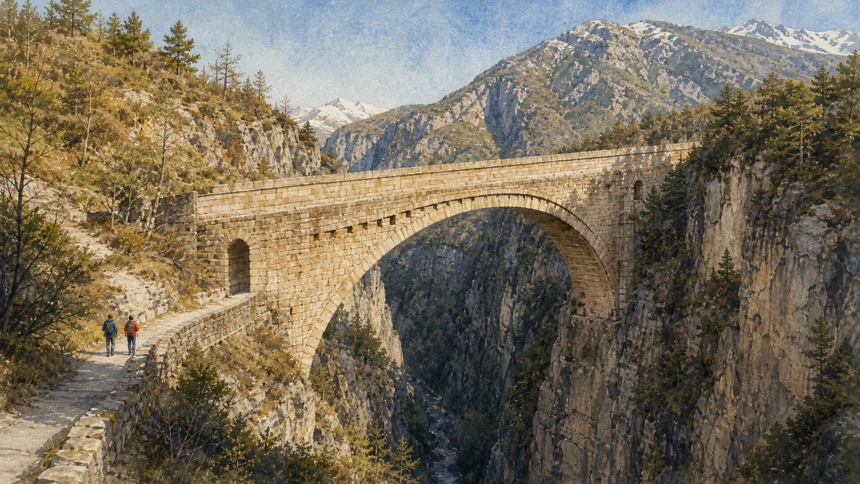 Documentary watercolour of the Roman Pont d’Aël aqueduct bridge spanning the wooded Grand Eyvia gorge near Aymavilles