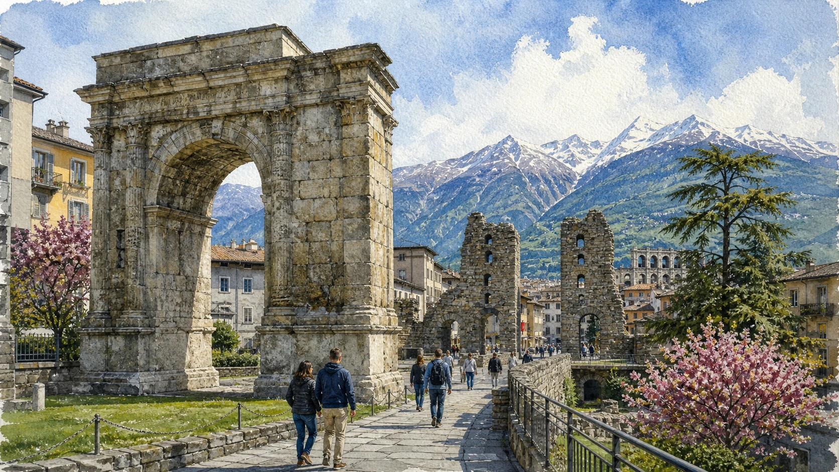 Documentary watercolour of Roman Aosta showing the surviving theatre wall, Porta Praetoria and an inset view of the cryptoporticus