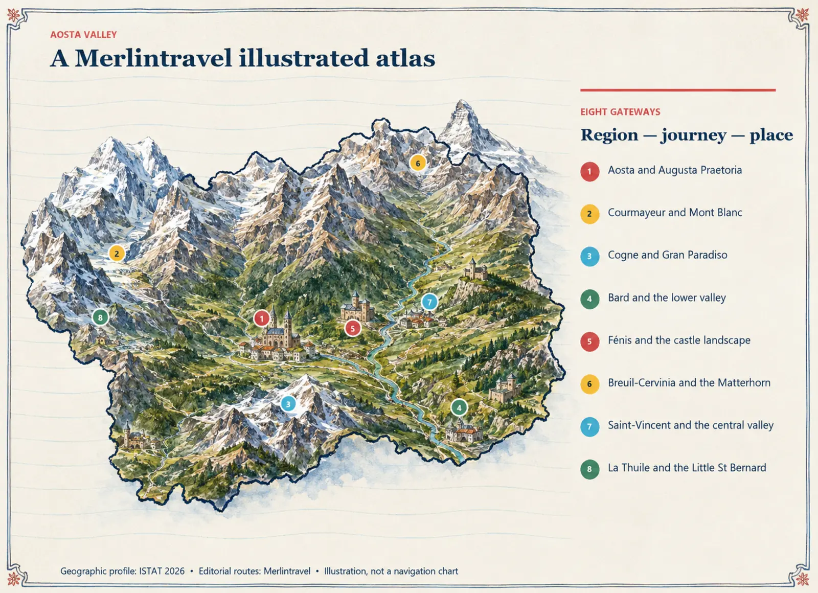 Illustrated map of Aosta Valley with eight numbered Merlintravel gateways