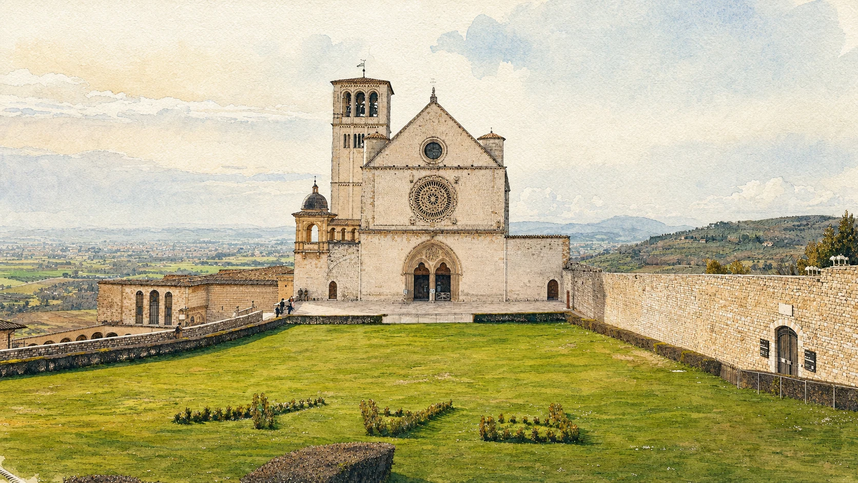 Basilica Superiore di San Francesco ad Assisi, illustrazione ad acquarello ricavata da una veduta reale verificata