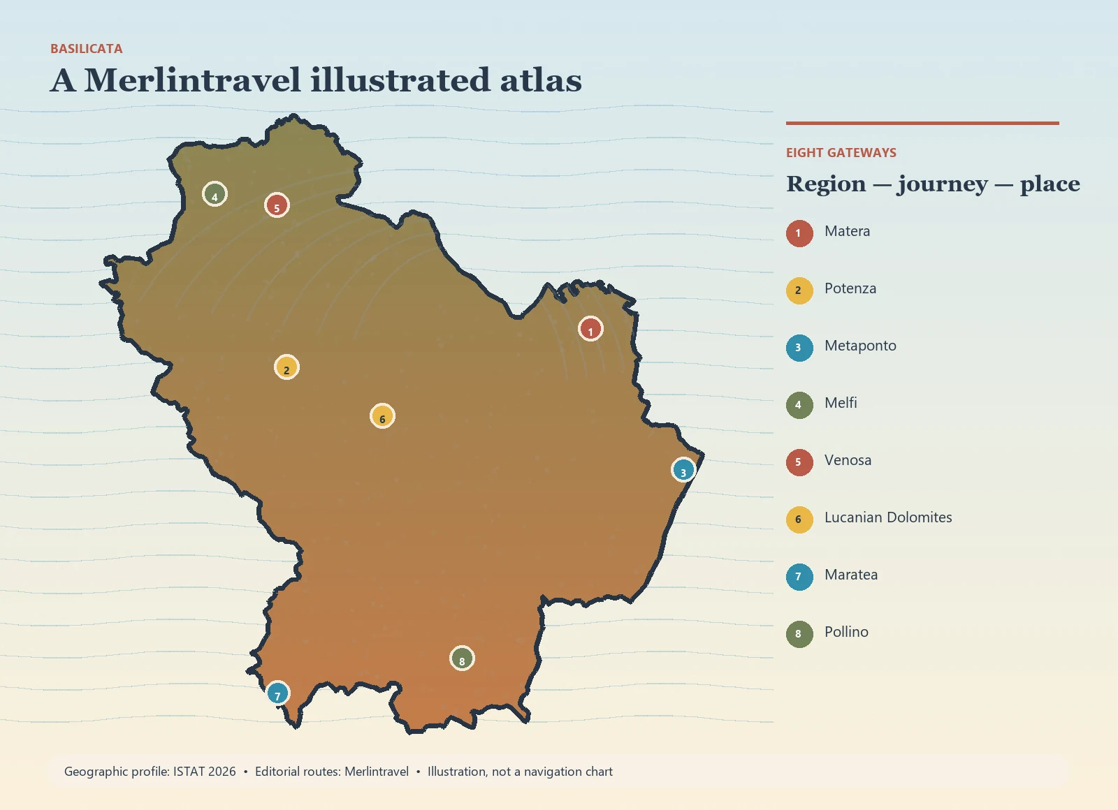 Illustrated map of Basilicata with eight numbered Merlintravel gateways