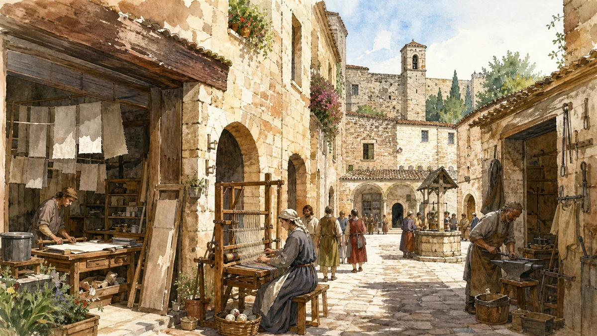 Original documentary watercolour showing The Gaite and medieval craft workshops in its Bevagna urban or landscape context