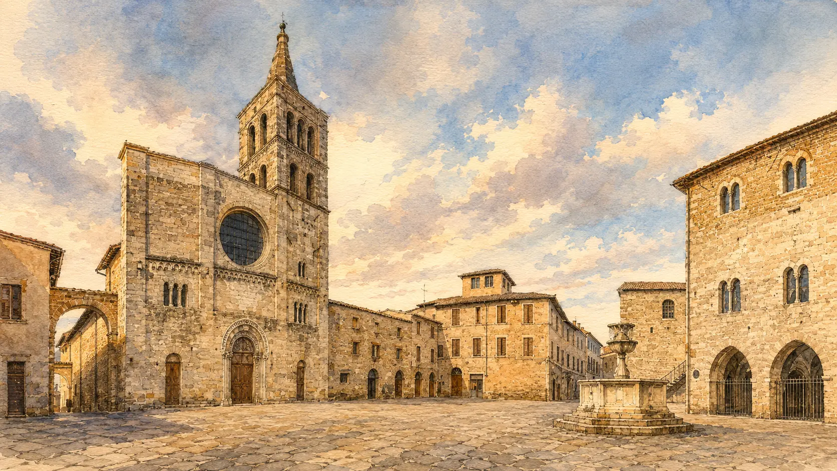 Documentary watercolour panorama of Bevagna with medieval roofs, walls and the Umbrian plain