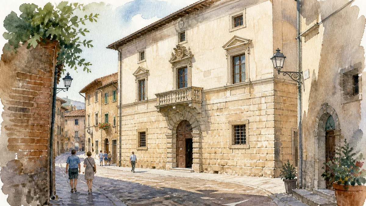 Original documentary watercolour showing Palazzo Lepri and Civic Museum in its Bevagna urban or landscape context