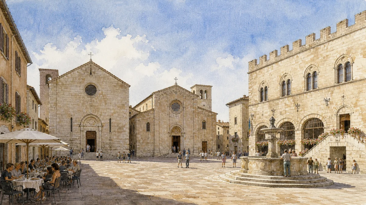 Original documentary watercolour showing Piazza Silvestri in its Bevagna urban or landscape context