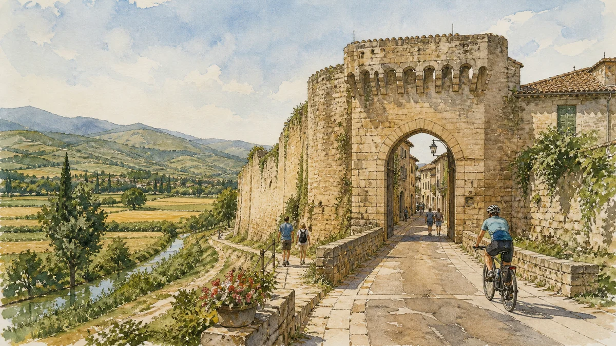 Original documentary watercolour showing Medieval walls, gates and Via Flaminia in its Bevagna urban or landscape context