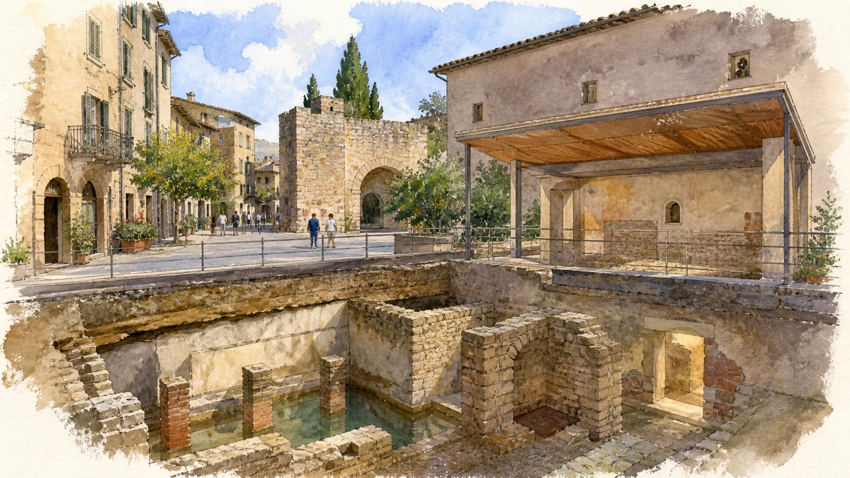 Original documentary watercolour showing Roman Baths and marine mosaic in its Bevagna urban or landscape context