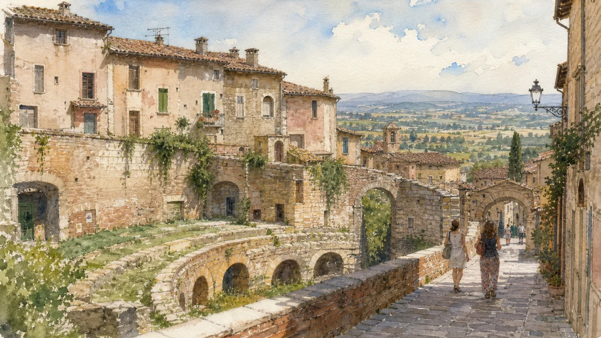 Original documentary watercolour showing Roman Theatre remains in its Bevagna urban or landscape context