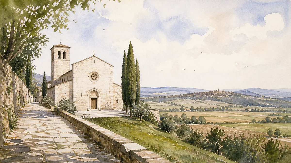 Original documentary watercolour showing San Francesco and Piandarca in its Bevagna urban or landscape context