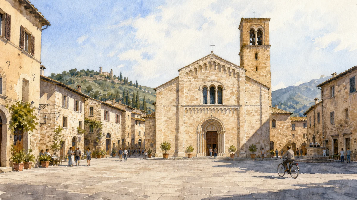 Original documentary watercolour showing Church of San Michele Arcangelo in its Bevagna urban or landscape context