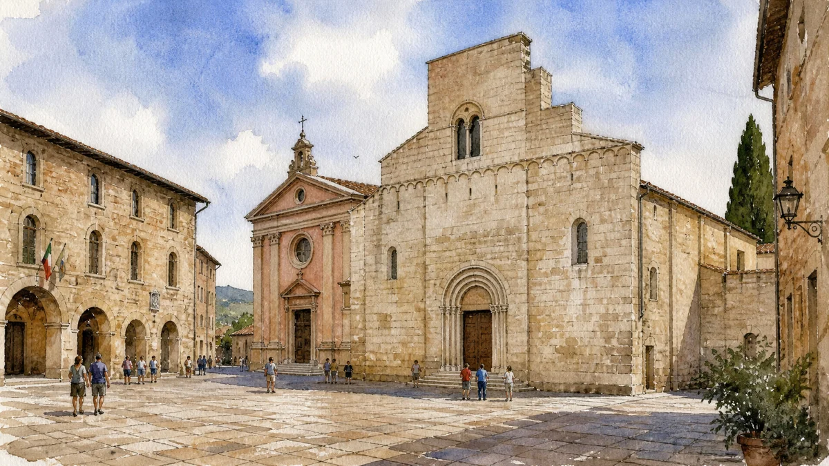 Original documentary watercolour showing Church of San Silvestro in its Bevagna urban or landscape context