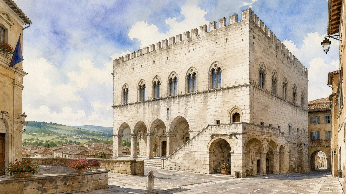 Original documentary watercolour showing Palazzo dei Consoli and Teatro Torti in its Bevagna urban or landscape context