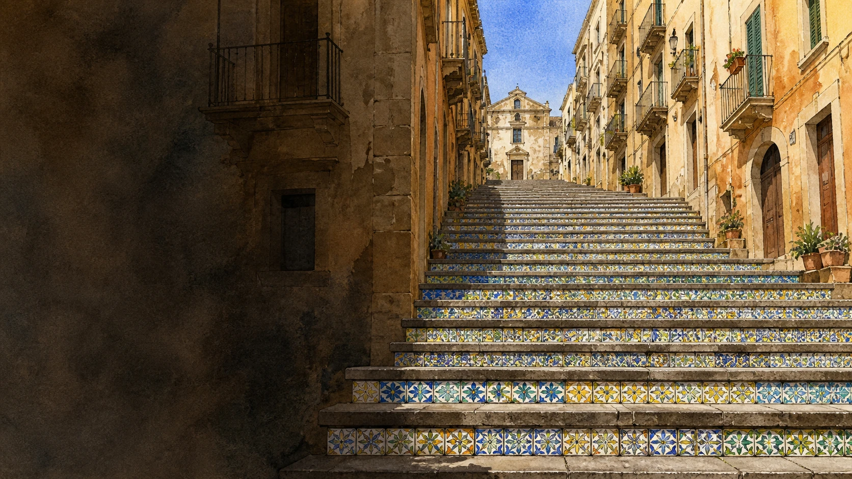Documentary watercolour of the Scala di Santa Maria del Monte rising through the historic centre of Caltagirone with its ceramic risers and church at the summit