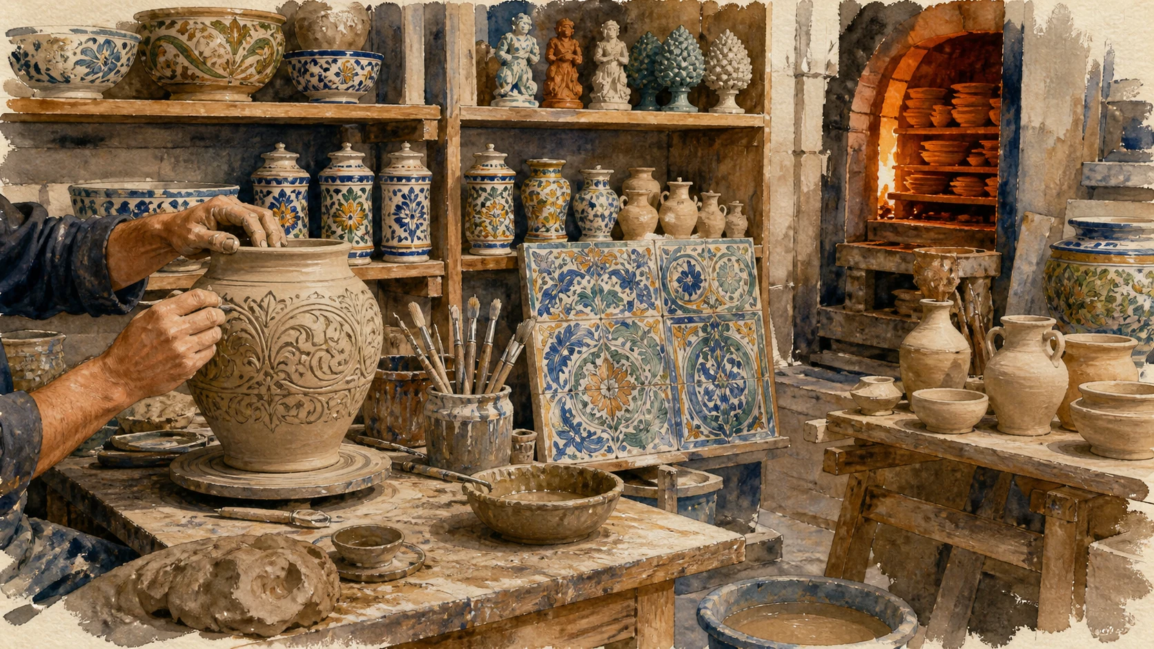 Documentary watercolour of a Caltagirone ceramic workshop with artisan hands, raw clay, painted vessels, majolica tiles, brushes and a kiln