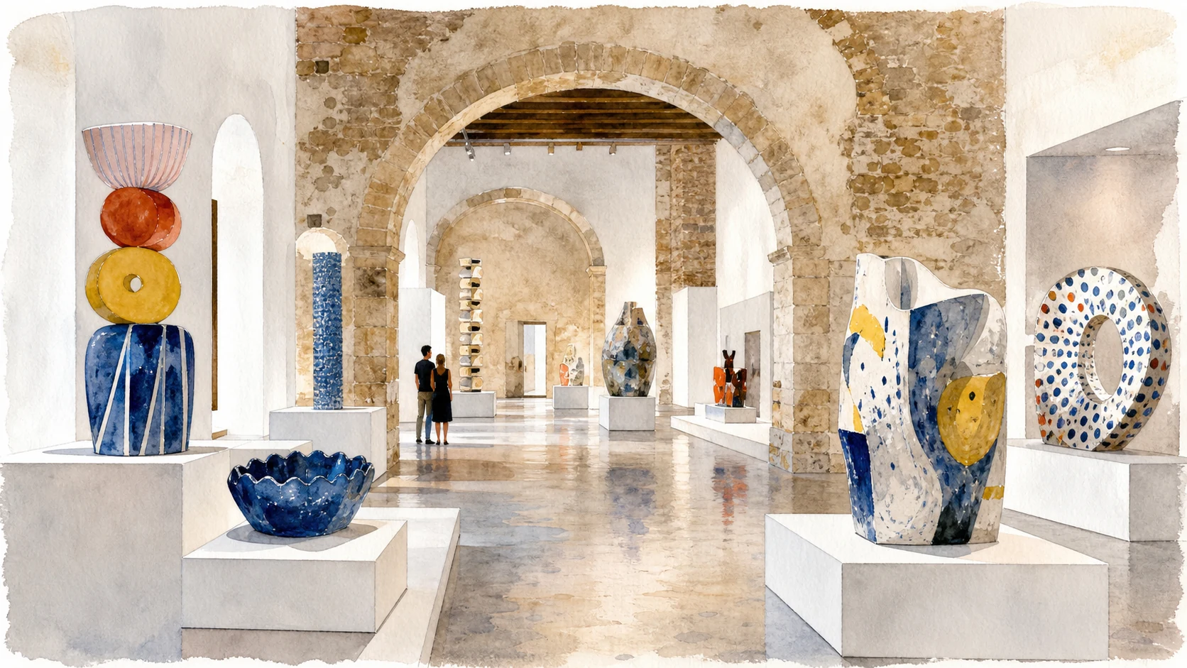 Documentary watercolour of a contemporary ceramics gallery in Caltagirone with colourful modern ceramic sculptures in a rehabilitated historic interior