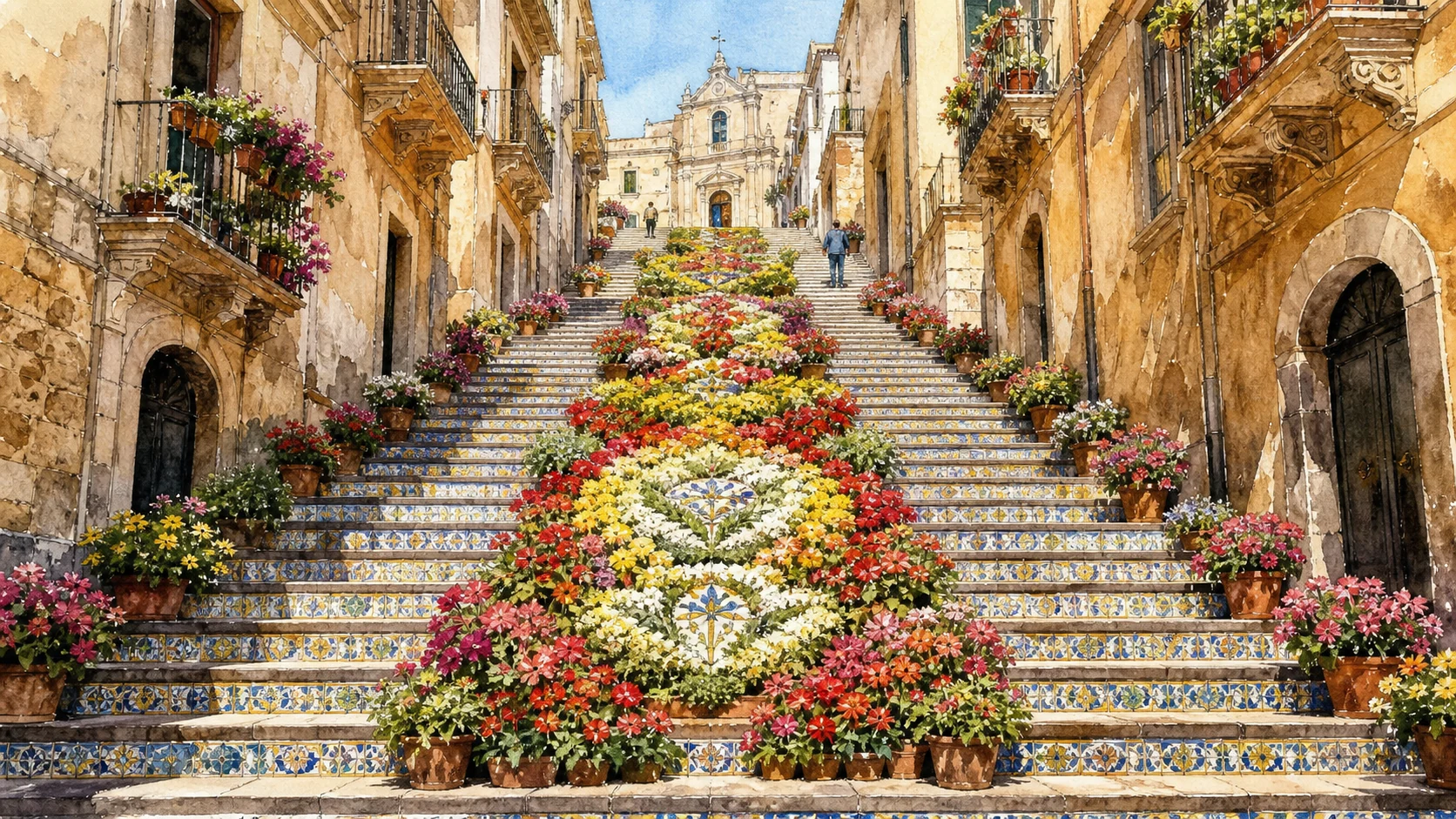 Documentary watercolour of the Scala di Santa Maria del Monte in Caltagirone decorated with a coordinated spring display of potted flowers