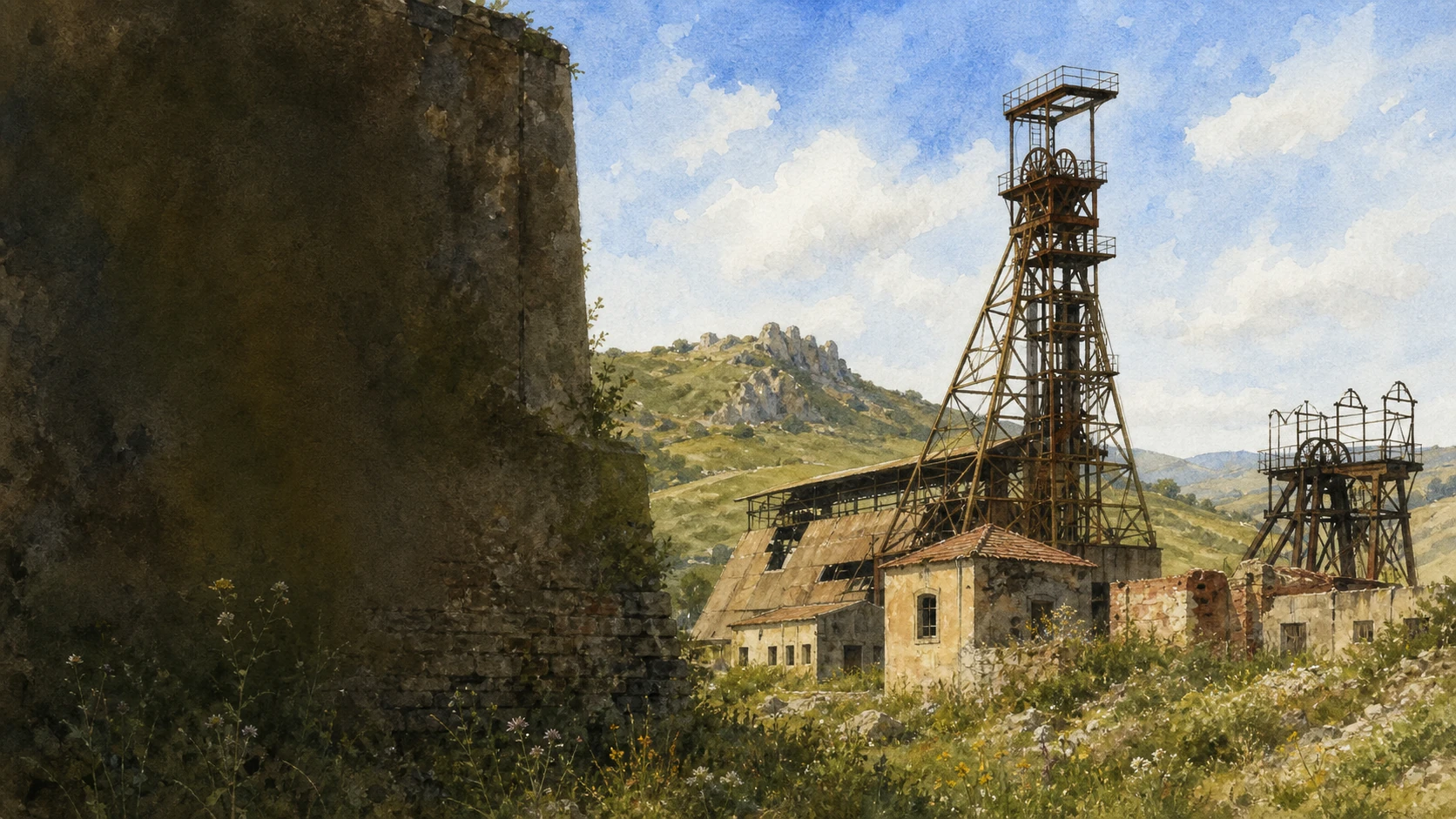 Documentary watercolour of the Caltanissetta sulphur landscape with abandoned mine structures, gypsum hills and the city ridge in the distance