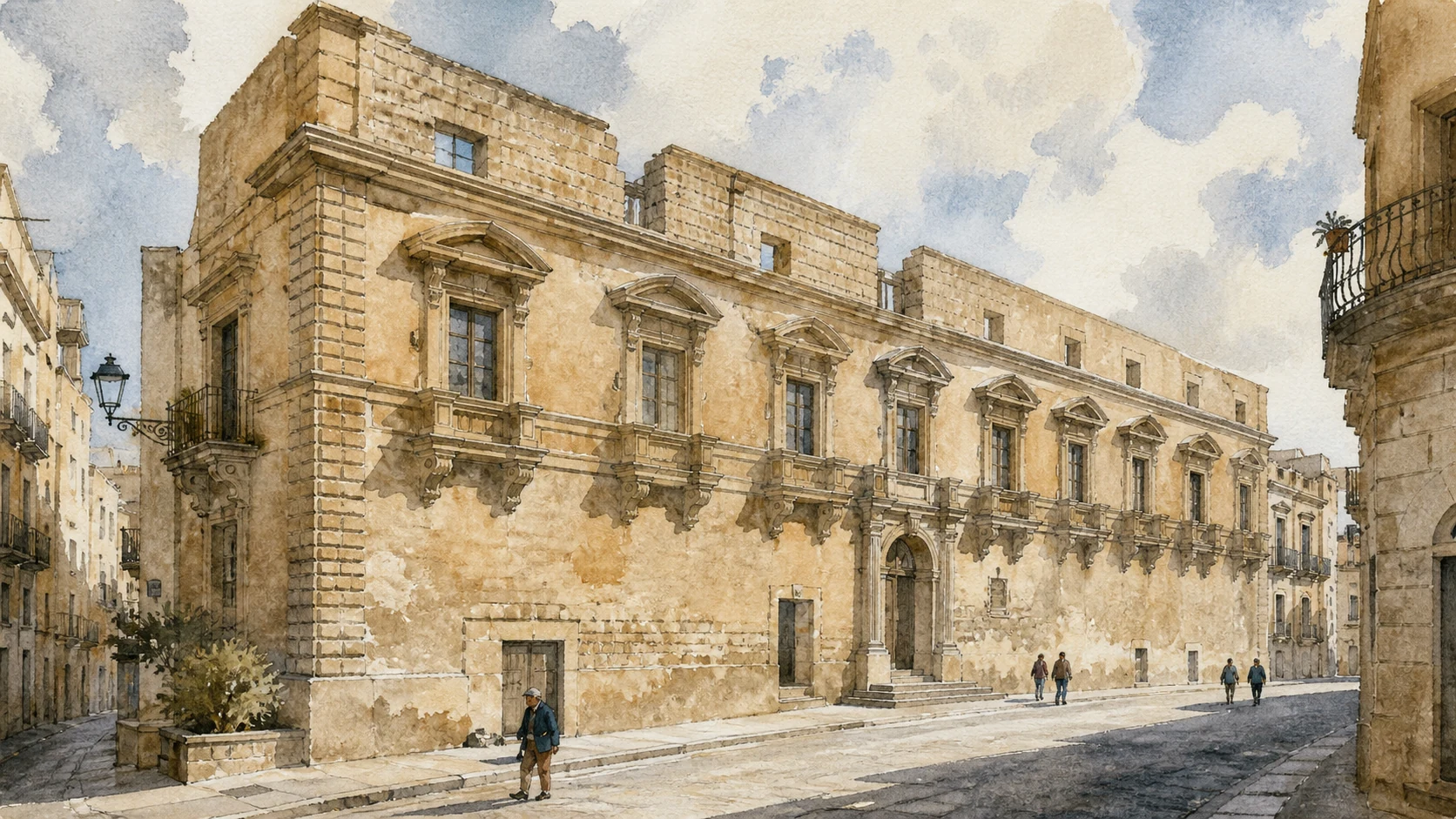 Documentary watercolour of Palazzo Moncada in Caltanissetta with its long unfinished façade, carved window brackets and surrounding city street