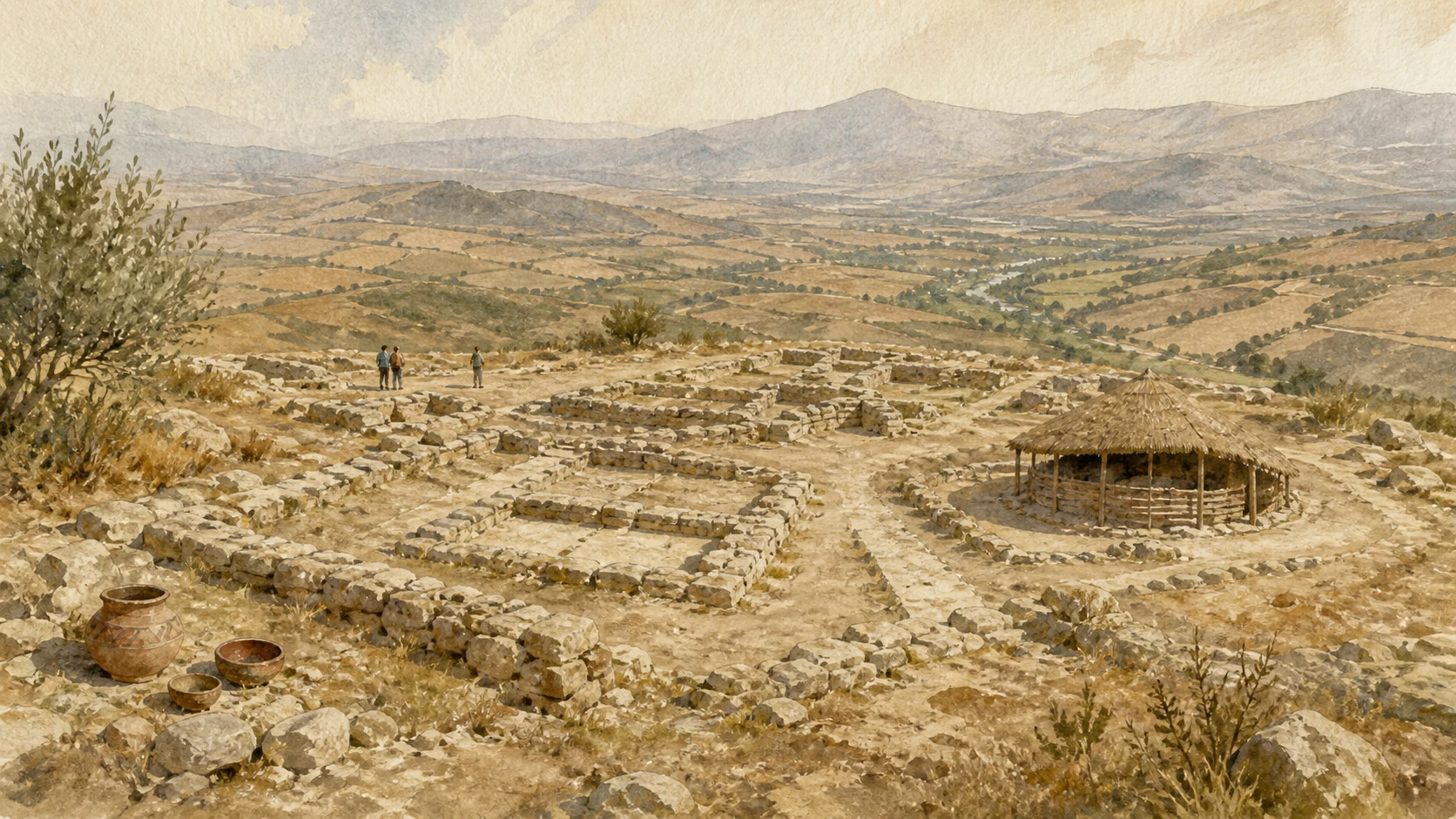 Documentary watercolour of the Sabucina archaeological site with low settlement walls, a protected hut footprint and the inland Salso-Imera landscape