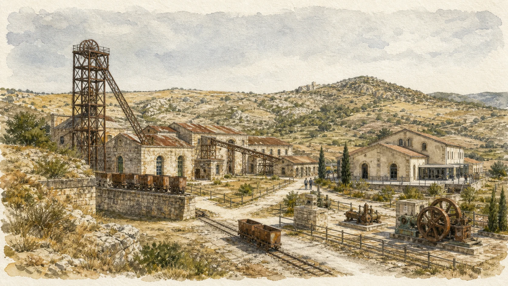 Documentary watercolour of the preserved Trabia-Tallarita sulphur mine with headframe, processing buildings, mine carts and machinery in dry inland hills