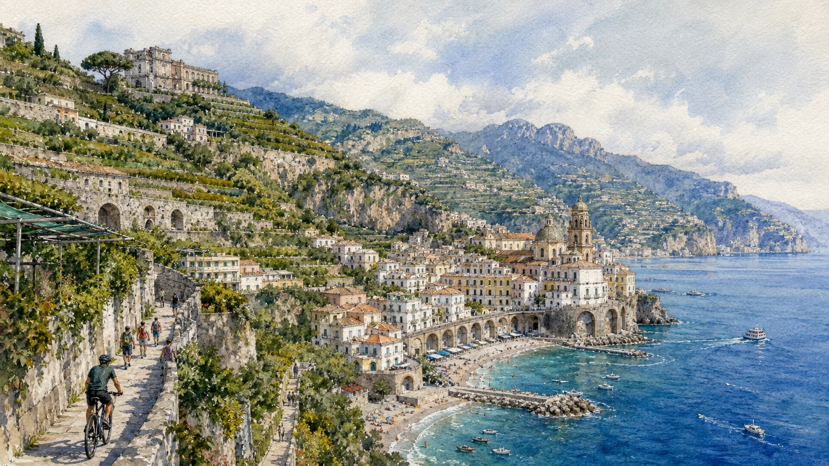 Original documentary watercolour panorama for Amalfi Coast: Maritime Towns, Terraces and Responsible Mobility — Complete Guide, showing landscape, heritage and present-day use