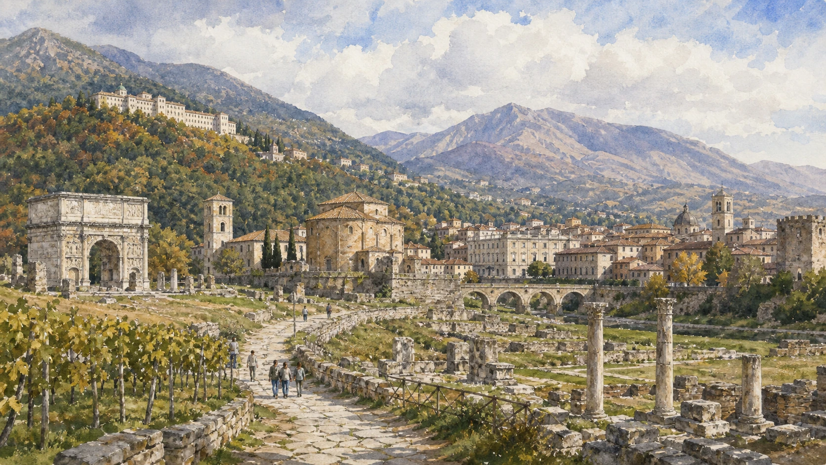 Original documentary watercolour panorama for Benevento and Irpinia: Roman City, Lombard Heritage and Apennine Landscape — Complete Guide, showing landscape, heritage and present-day use