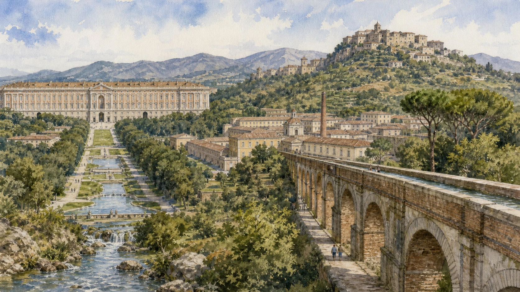 Original documentary watercolour panorama for Royal Palace of Caserta, Caroline Aqueduct and San Leucio: Complete Guide, showing landscape, heritage and present-day use