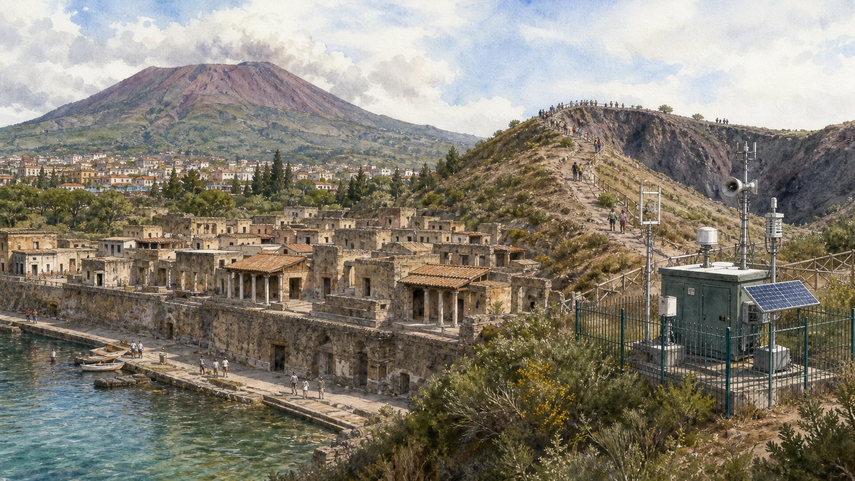 Original documentary watercolour panorama for Herculaneum, Vesuvius and Volcanic Risk: Complete Guide, showing landscape, heritage and present-day use