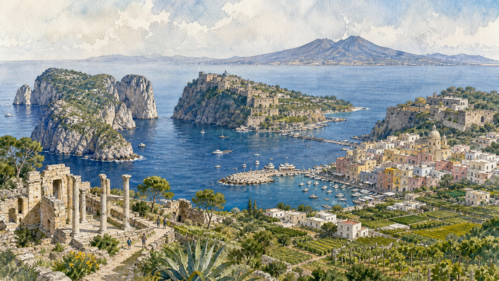 Original documentary watercolour panorama for Capri, Ischia and Procida: Three Islands of the Bay of Naples — Complete Guide, showing landscape, heritage and present-day use