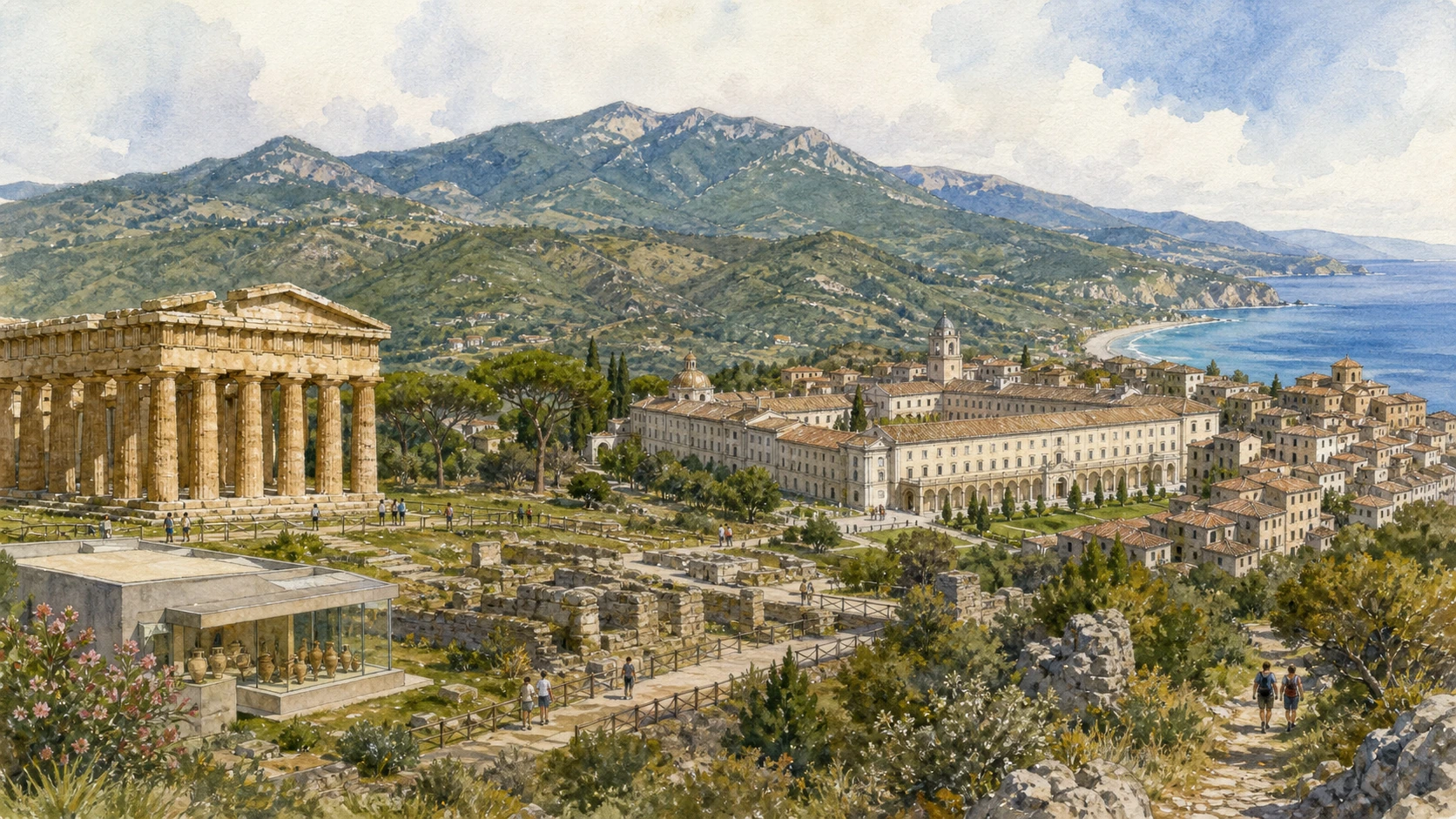 Original documentary watercolour panorama for Paestum, Velia, Padula and Cilento National Park: Complete Guide, showing landscape, heritage and present-day use