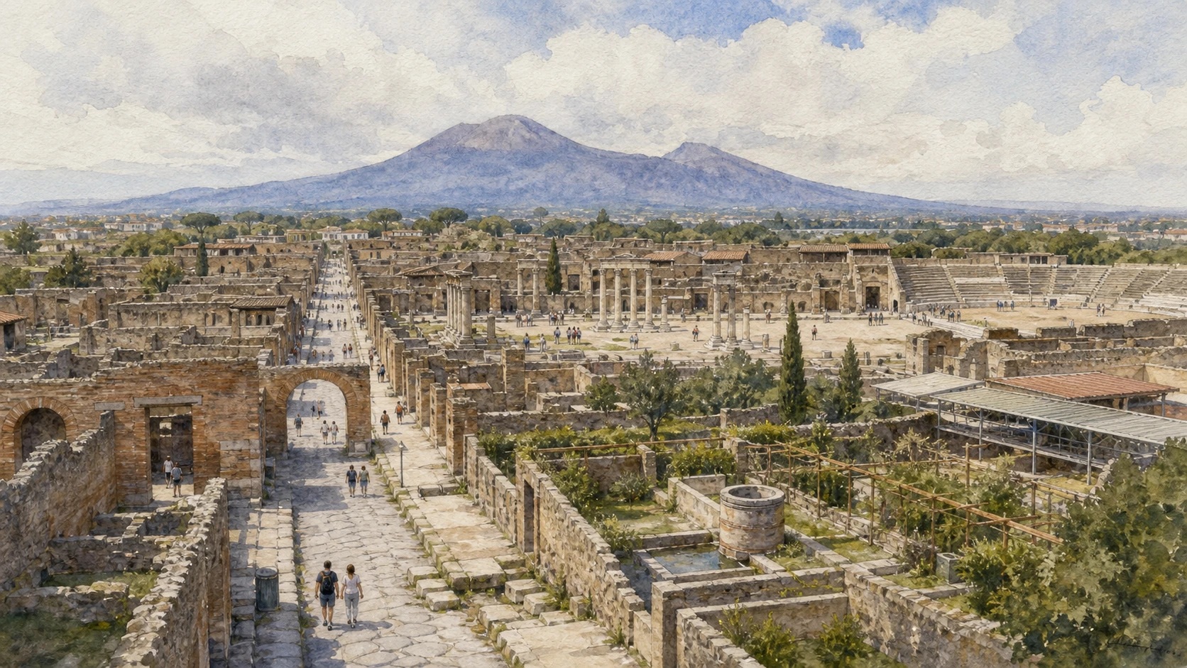 Original documentary watercolour panorama for Pompeii Archaeological Park: City, Houses and Conservation — Complete Guide, showing landscape, heritage and present-day use
